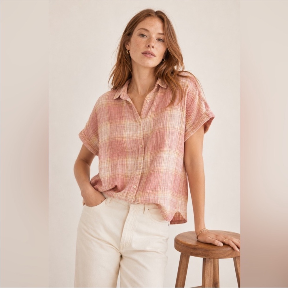 Madewell Hilltop Shirt Pink Cream Plaid Button Front Top Medium